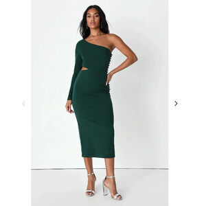 NWT Lulu's Truly Tempted Emerald Green One-Shoulder Cutout Midi Dress in Small